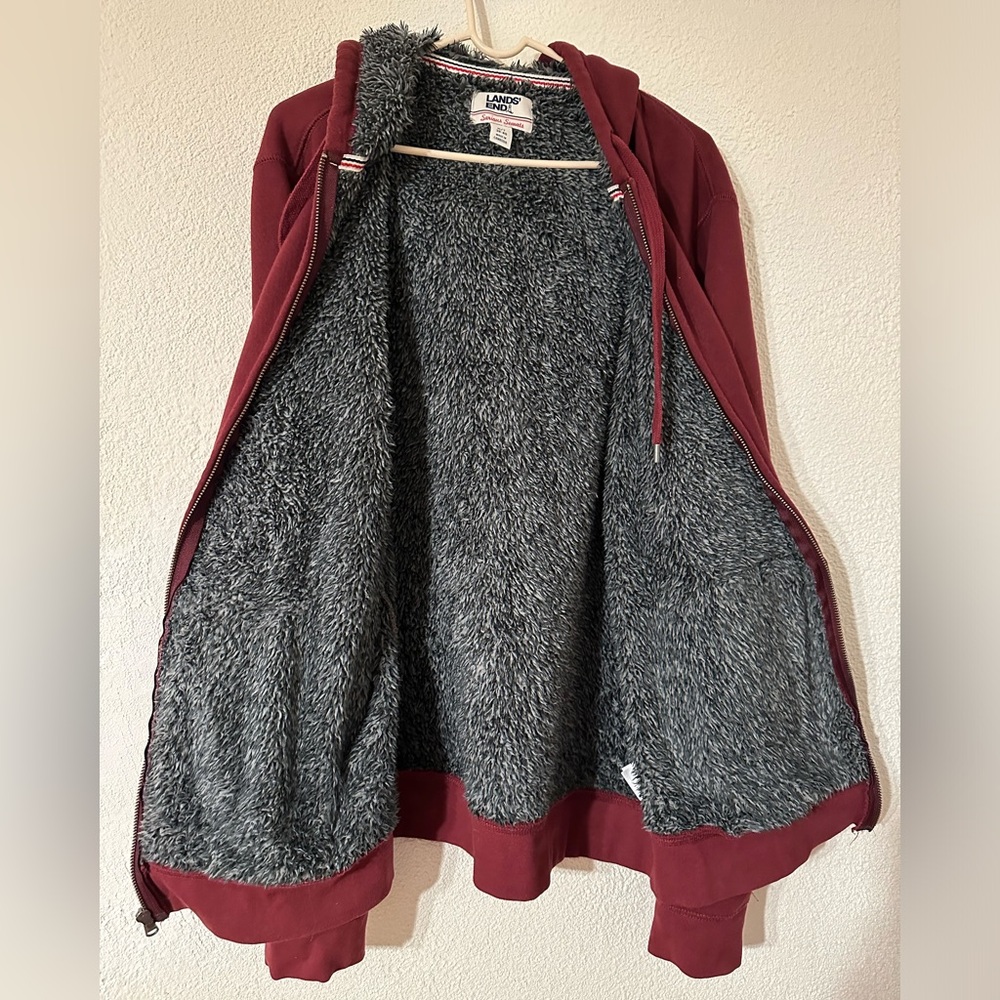 Land’s End Serious Sweats Hoodie Men Burgundy Full Zip Sherpa Fleece Size M/T - Picture 4 of 7